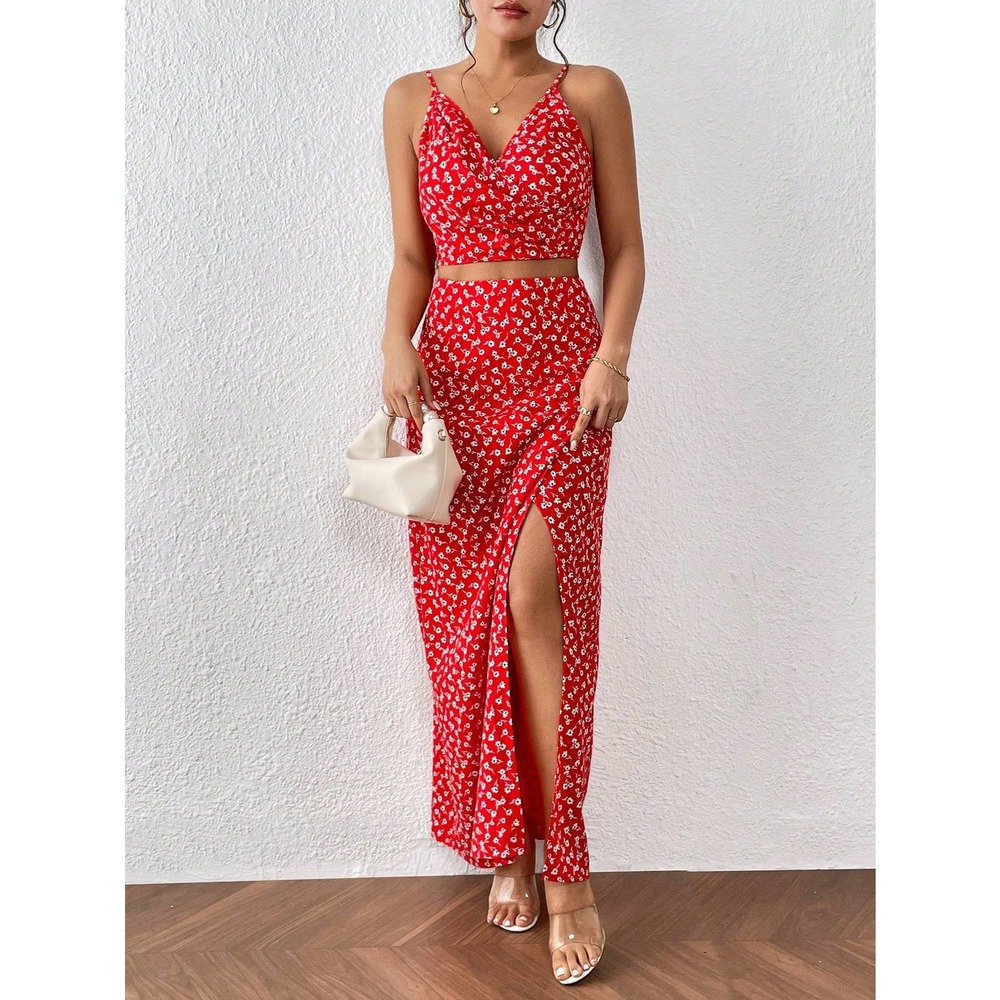 ❗️2 piece skirt set: boho Floral Print Cami Top & Split Thigh maxi Skirt - Picture 8 of 8